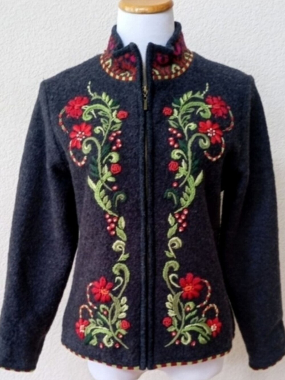 Carson charcoal gray wool embroidered sweater jacket